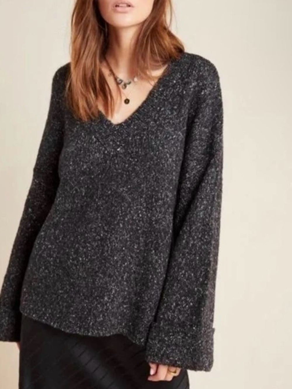 Anthropologie Maggie Gray Bell-Sleeve Marled Oversized V-Neck Sweater - XS